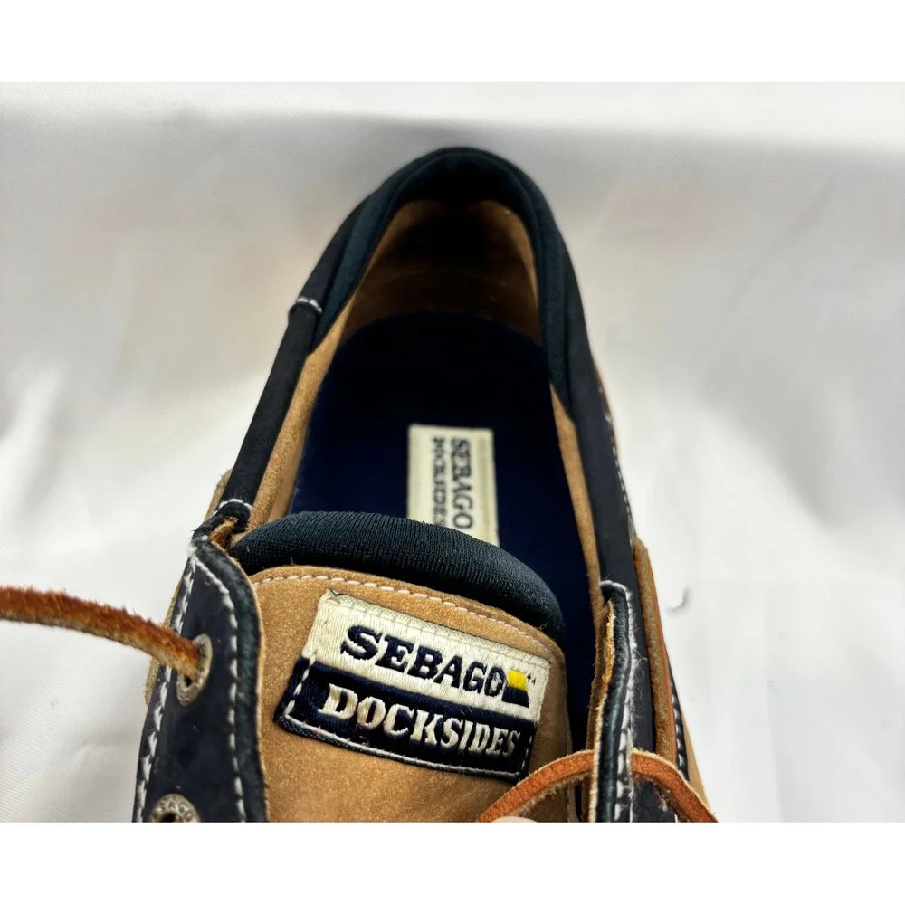Sebago Docksides Boat Shoes Men's Size 8M Tan Navy Suede Leather Moc Toe Lace Up